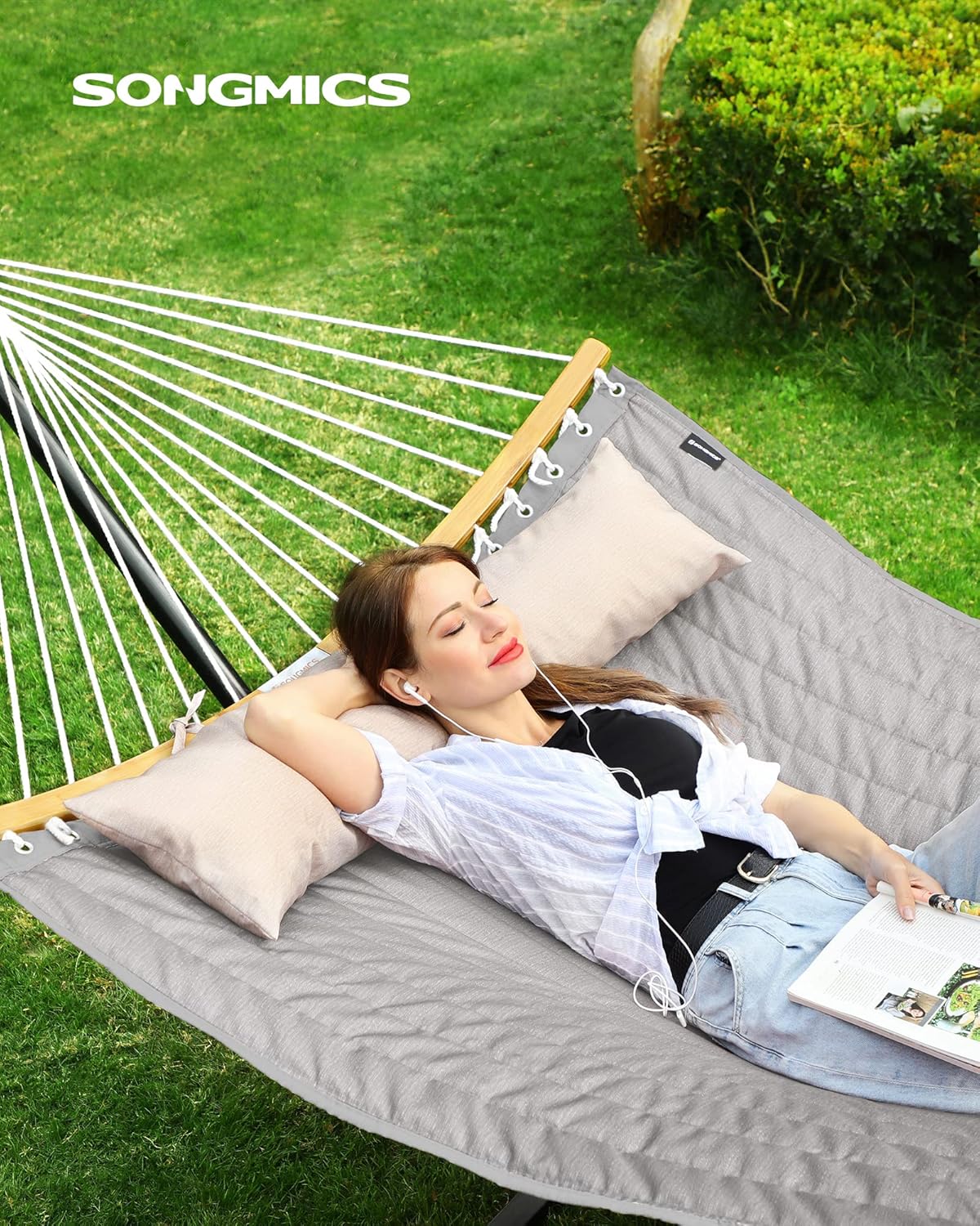 SONGMICS Kétszemélyes függőágy ívelt bambusz merevítőrudakkal, párnával, legfeljebb 225 kg teherbírással, 200 × 140 cm, szürke - Image 6