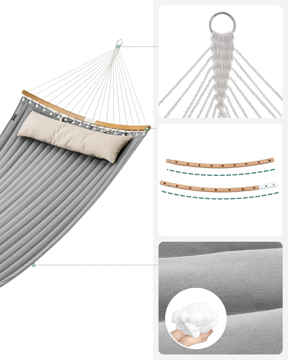 SONGMICS Kétszemélyes függőágy ívelt bambusz merevítőrudakkal, párnával, legfeljebb 225 kg teherbírással, 200 × 140 cm, szürke - Image 7