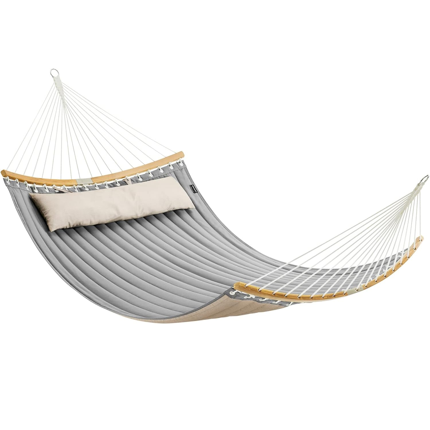 SONGMICS Kétszemélyes függőágy ívelt bambusz merevítőrudakkal, párnával, legfeljebb 225 kg teherbírással, 200 × 140 cm, szürke