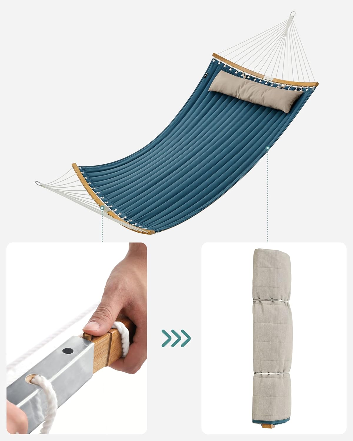 SONGMICS Kétszemélyes függőágy ívelt bambusz merevítőrudakkal, párnával, legfeljebb 225 kg teherbírással, 200 × 140 cm, kék - Image 2