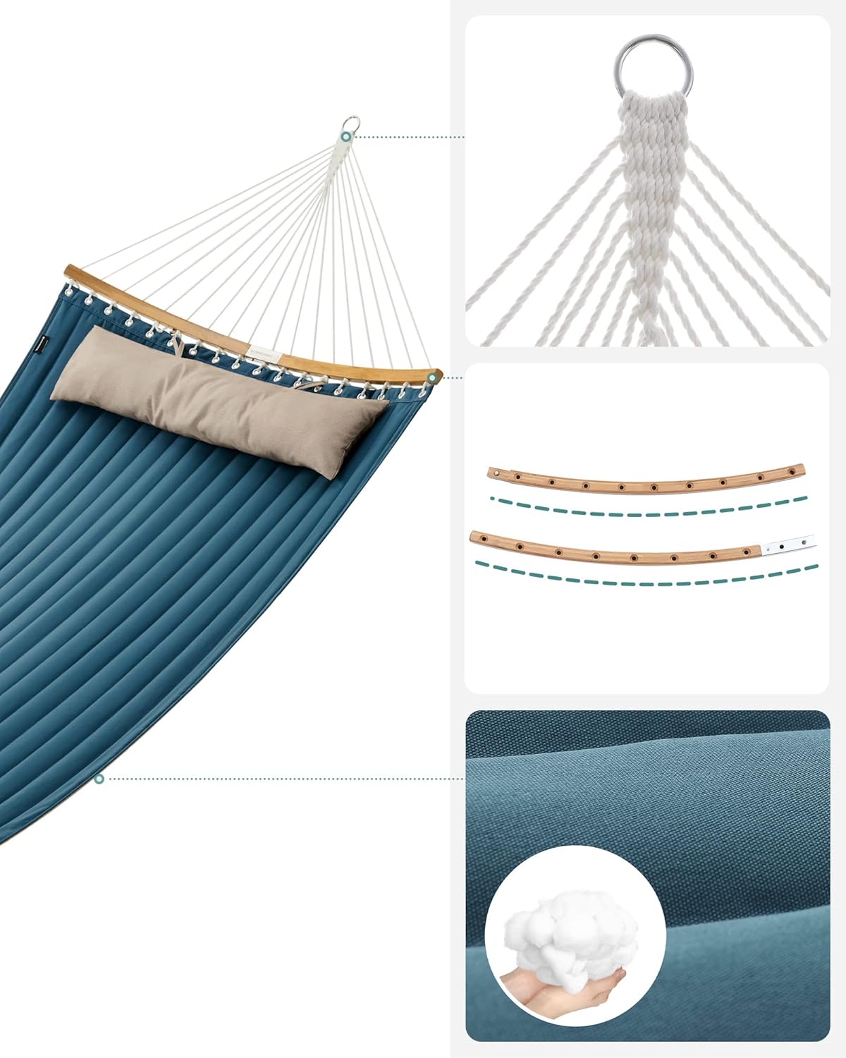 SONGMICS Kétszemélyes függőágy ívelt bambusz merevítőrudakkal, párnával, legfeljebb 225 kg teherbírással, 200 × 140 cm, kék - Image 4