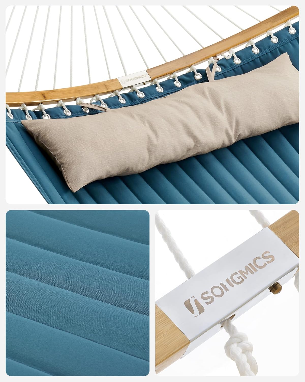 SONGMICS Kétszemélyes függőágy ívelt bambusz merevítőrudakkal, párnával, legfeljebb 225 kg teherbírással, 200 × 140 cm, kék - Image 5