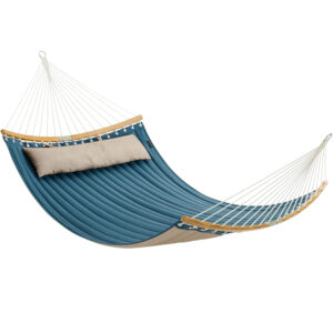 SONGMICS Kétszemélyes függőágy ívelt bambusz merevítőrudakkal, párnával, legfeljebb 225 kg teherbírással, 200 × 140 cm, kék