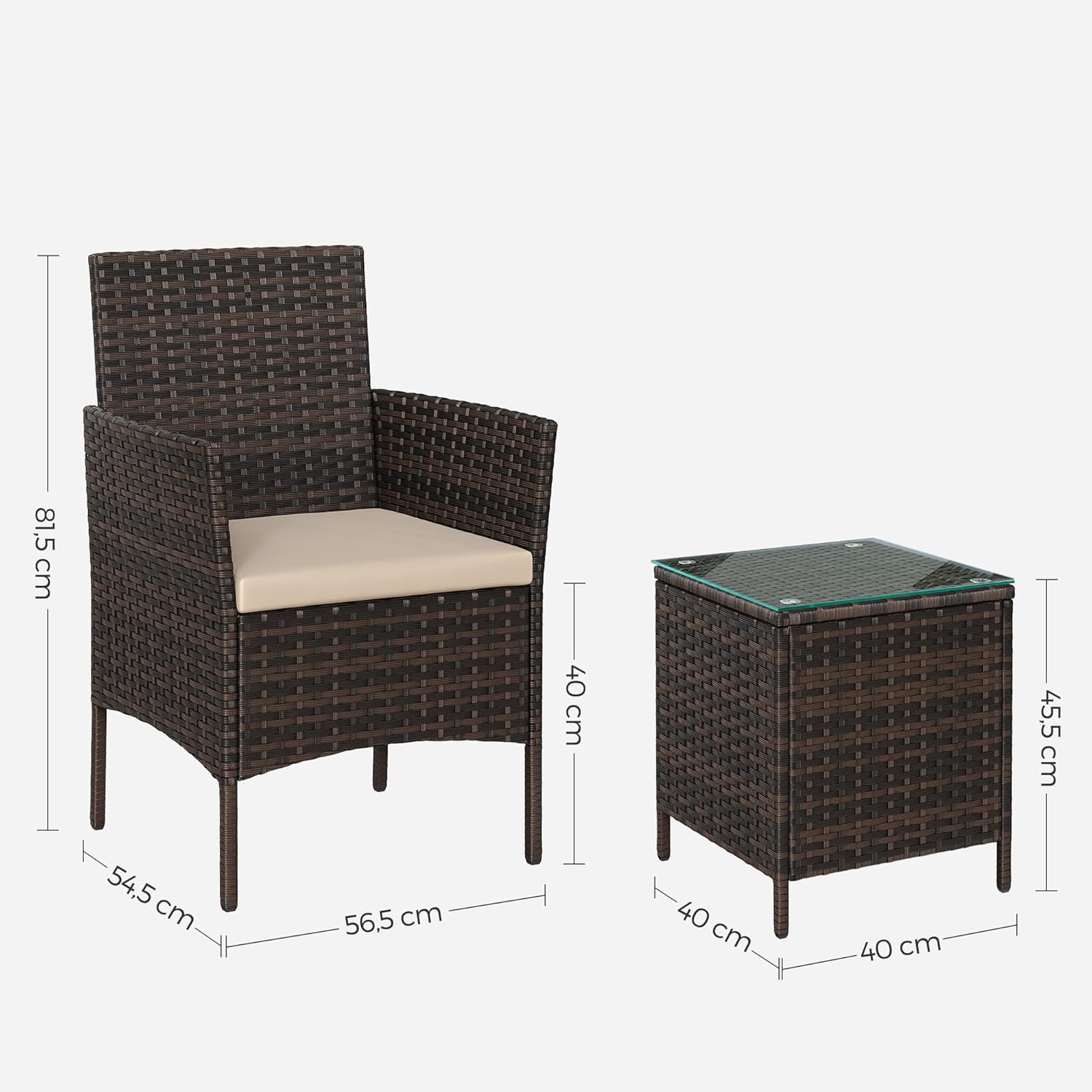 SONGMICS 2 személyes kerti bútorszett, 2 székkel és üveglapos asztallal, PE rattan, barna - Image 3