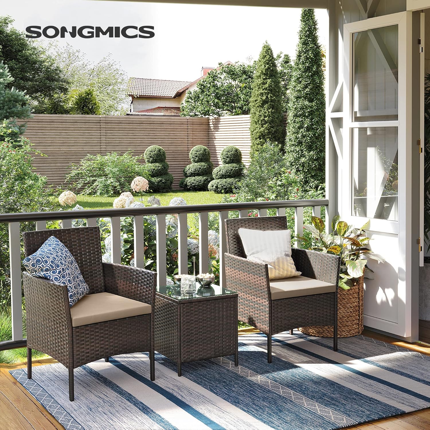 SONGMICS 2 személyes kerti bútorszett, 2 székkel és üveglapos asztallal, PE rattan, barna - Image 9