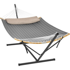 SONGMICS Függőágy fém állvánnyal, párnázott fekvőfelülettel, állítható, párnával, 200 kg teherbírás, 400 x 100 x 90 cm, szürke