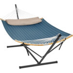 SONGMICS Függőágy fém állvánnyal, párnázott fekvőfelülettel, állítható, párnával, 200 kg teherbírás, 400 x 100 x 90 cm, kék