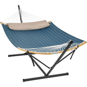 SONGMICS Függőágy fém állvánnyal, párnázott fekvőfelülettel, állítható, párnával, 200 kg teherbírás, 400 x 100 x 90 cm, kék