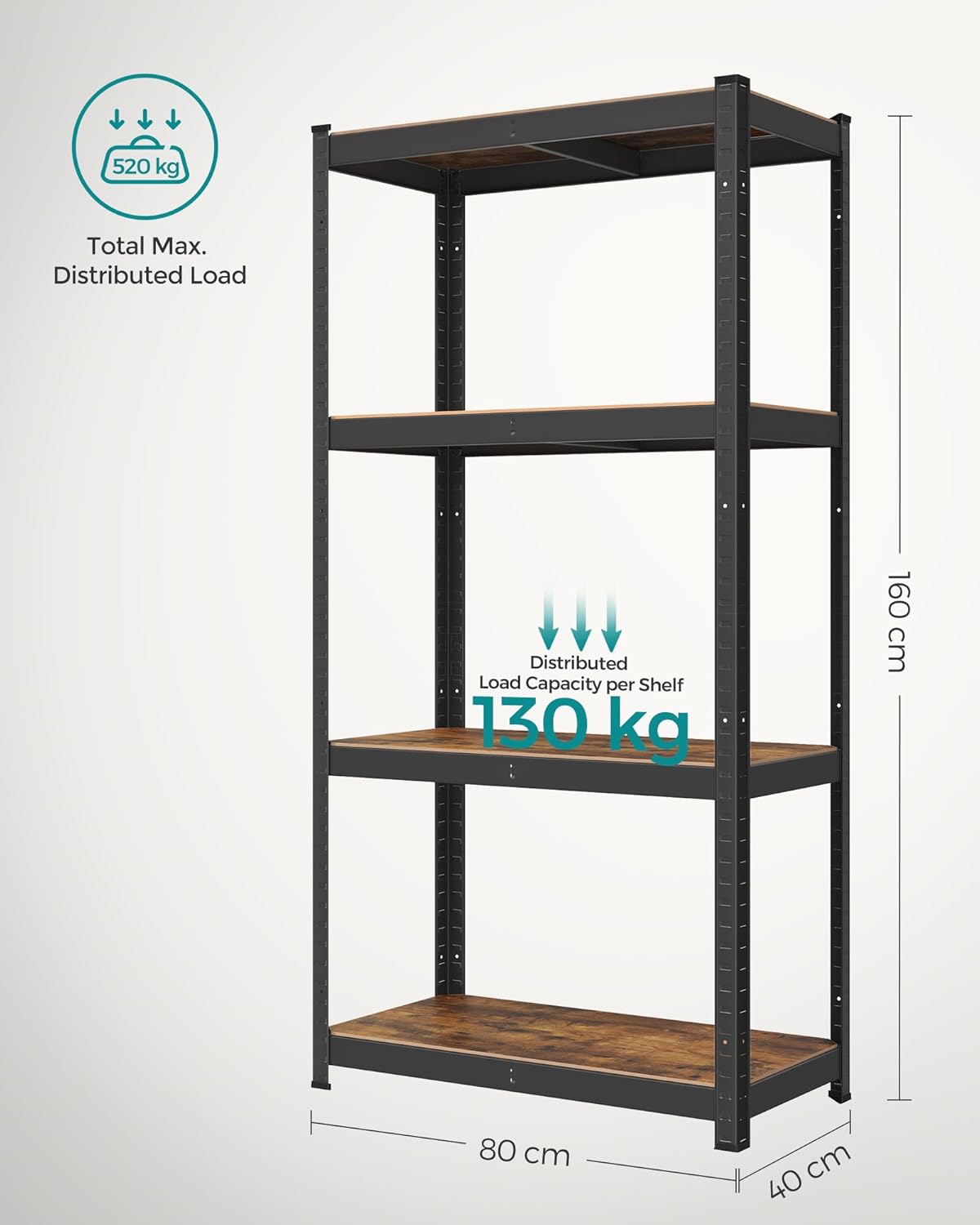 SONGMICS fém tárolópolc elegáns kivitelben, 5 szintes, állítható, 520 kg teherbírás, 40x80x160 cm, rusztikus barna és fekete - Image 3