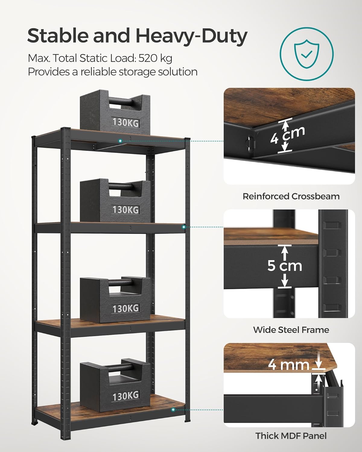 SONGMICS fém tárolópolc elegáns kivitelben, 5 szintes, állítható, 520 kg teherbírás, 40x80x160 cm, rusztikus barna és fekete - Image 6