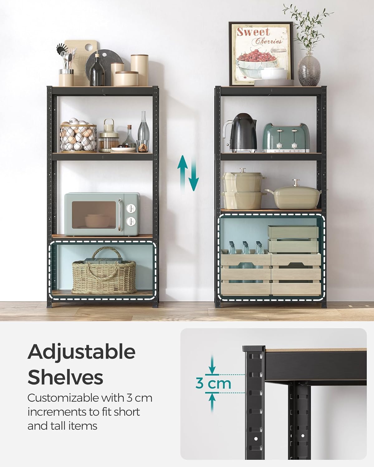 SONGMICS fém tárolópolc elegáns kivitelben, 5 szintes, állítható, 520 kg teherbírás, 40x80x160 cm, rusztikus barna és fekete - Image 7