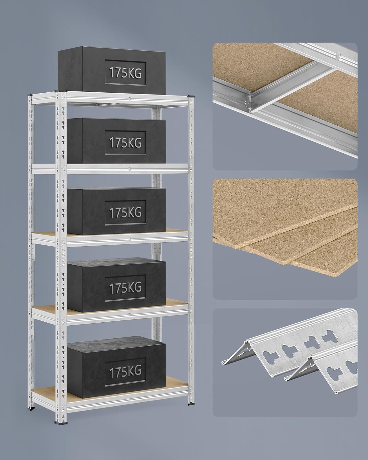 SONGMICS 2 darabos fém tárolópolc szett, 5 szintes, állítható polcokkal, MDF polclapokkal, 875 kg, 40 x 90 x 180 cm, ezüstszínű - Image 5