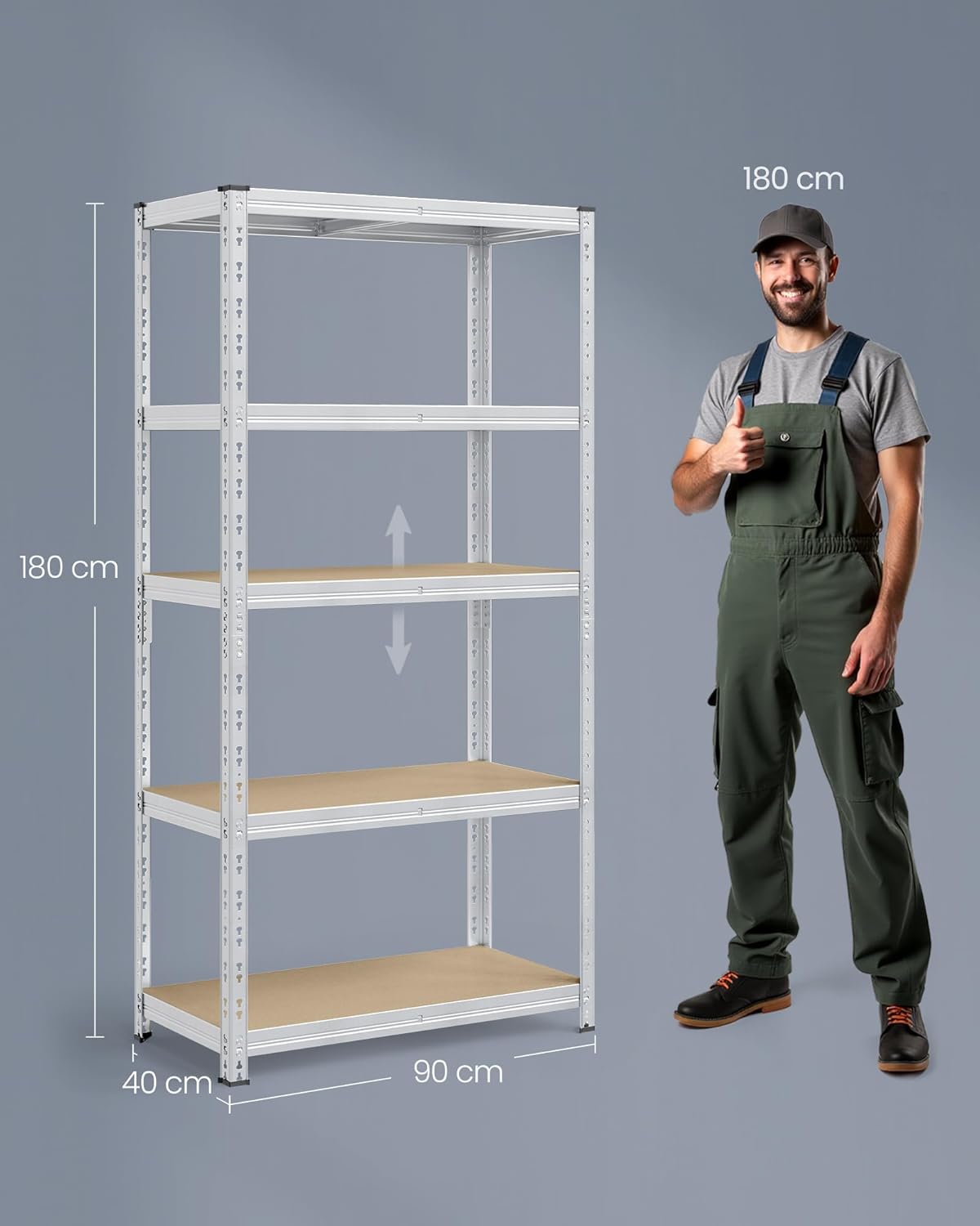 SONGMICS 2 darabos fém tárolópolc szett, 5 szintes, állítható polcokkal, MDF polclapokkal, 875 kg, 40 x 90 x 180 cm, ezüstszínű - Image 6