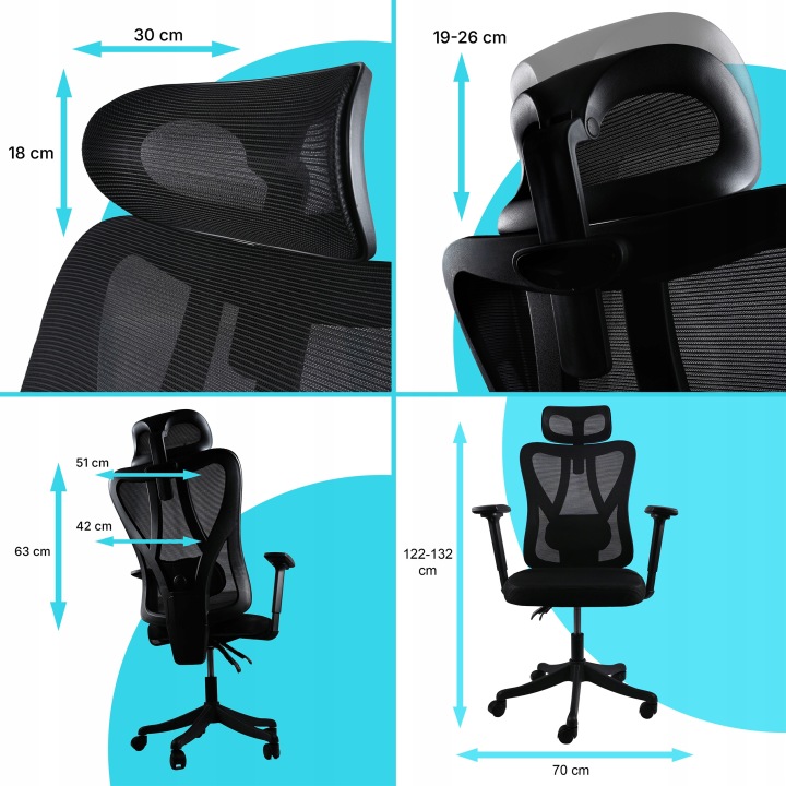 Ergonomikus irodai szék, állítható, deréktámasszal és fejtámlával, hálós szövettel, max. 120 kg, 50 x 50 x 126 cm, fekete - Image 15