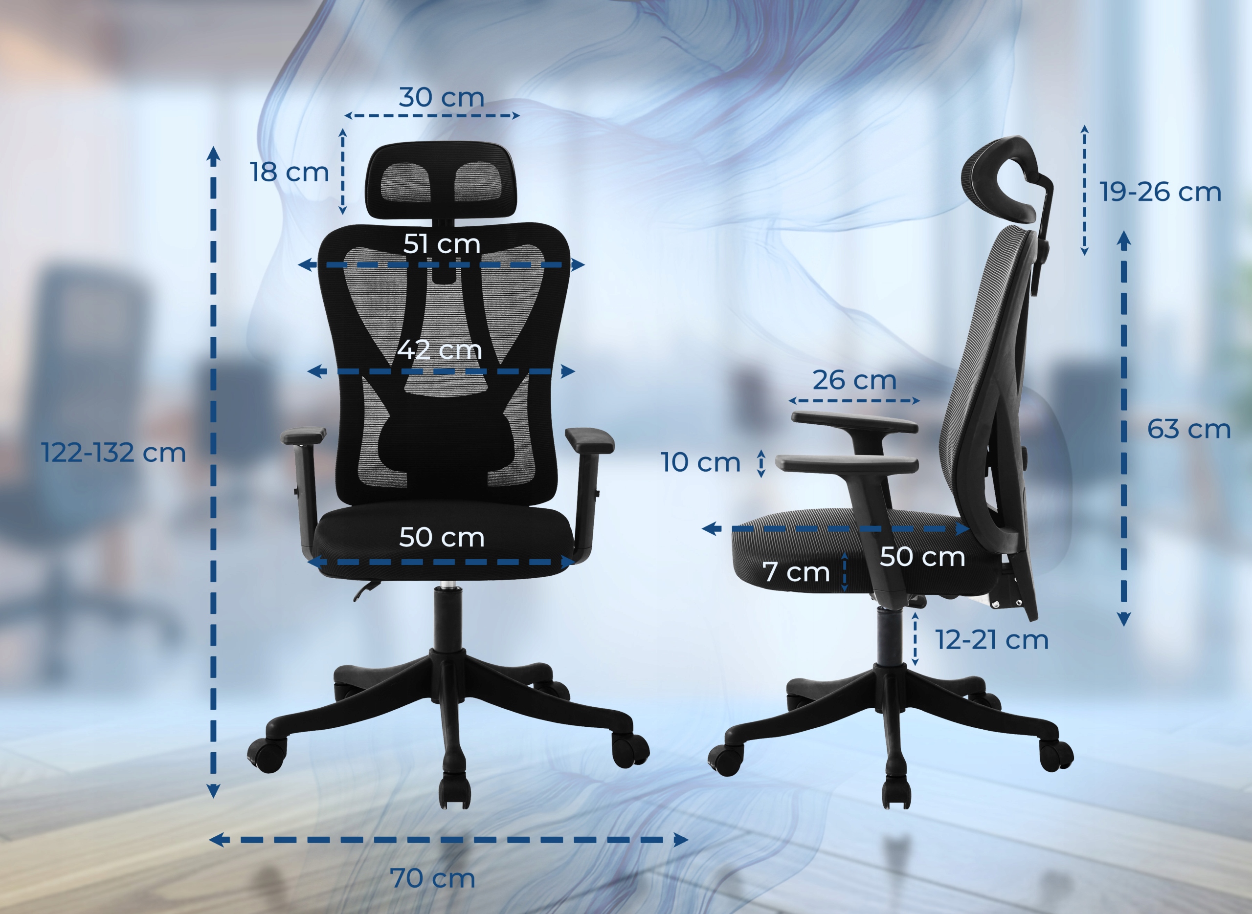 Ergonomikus irodai szék, állítható, deréktámasszal és fejtámlával, hálós szövettel, max. 120 kg, 50 x 50 x 126 cm, fekete - Image 14