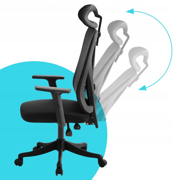 Ergonomikus irodai szék, állítható, deréktámasszal és fejtámlával, hálós szövettel, max. 120 kg, 50 x 50 x 126 cm, fekete - Image 8