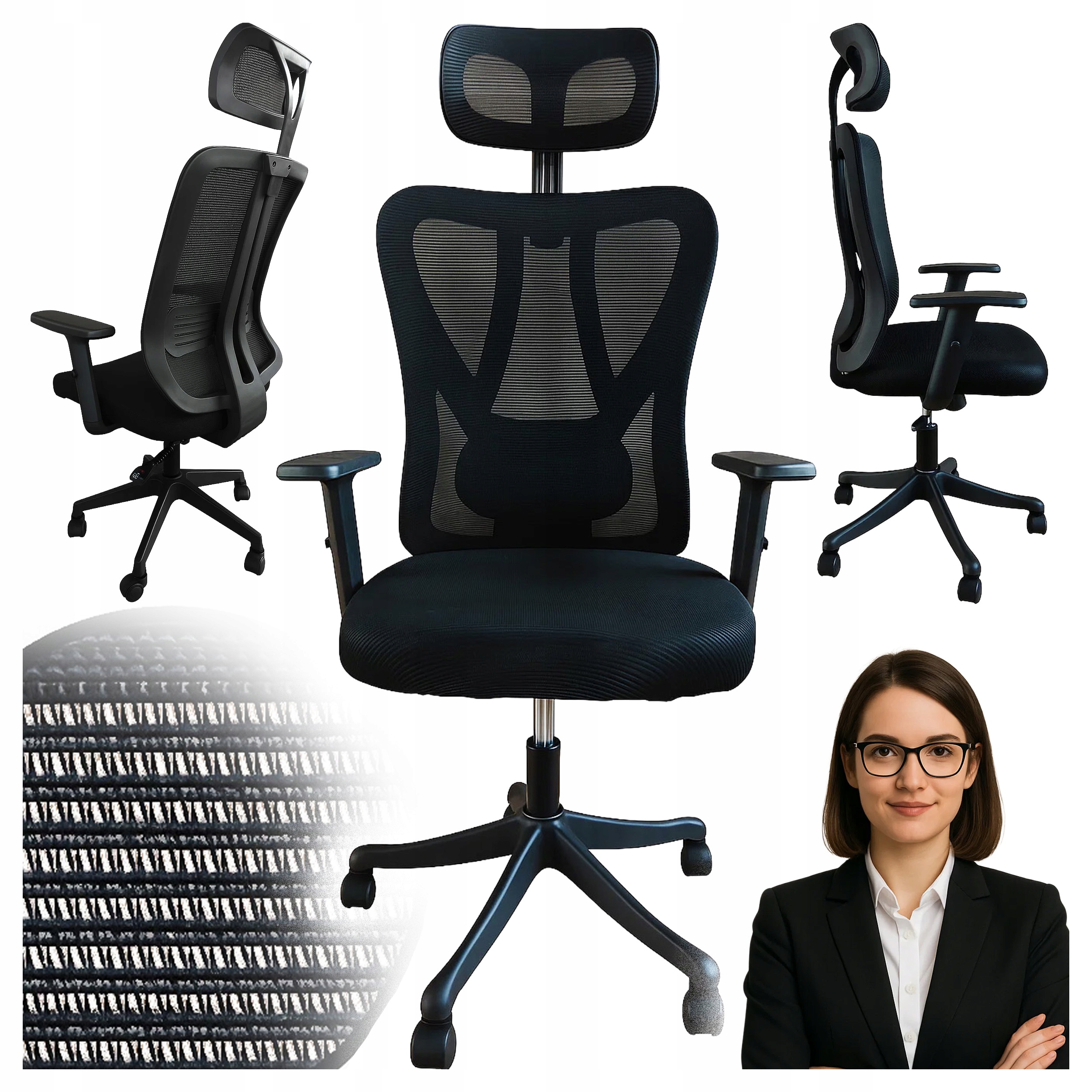 Ergonomikus irodai szék, állítható, deréktámasszal és fejtámlával, hálós szövettel, max. 120 kg, 50 x 50 x 126 cm, fekete - Image 5