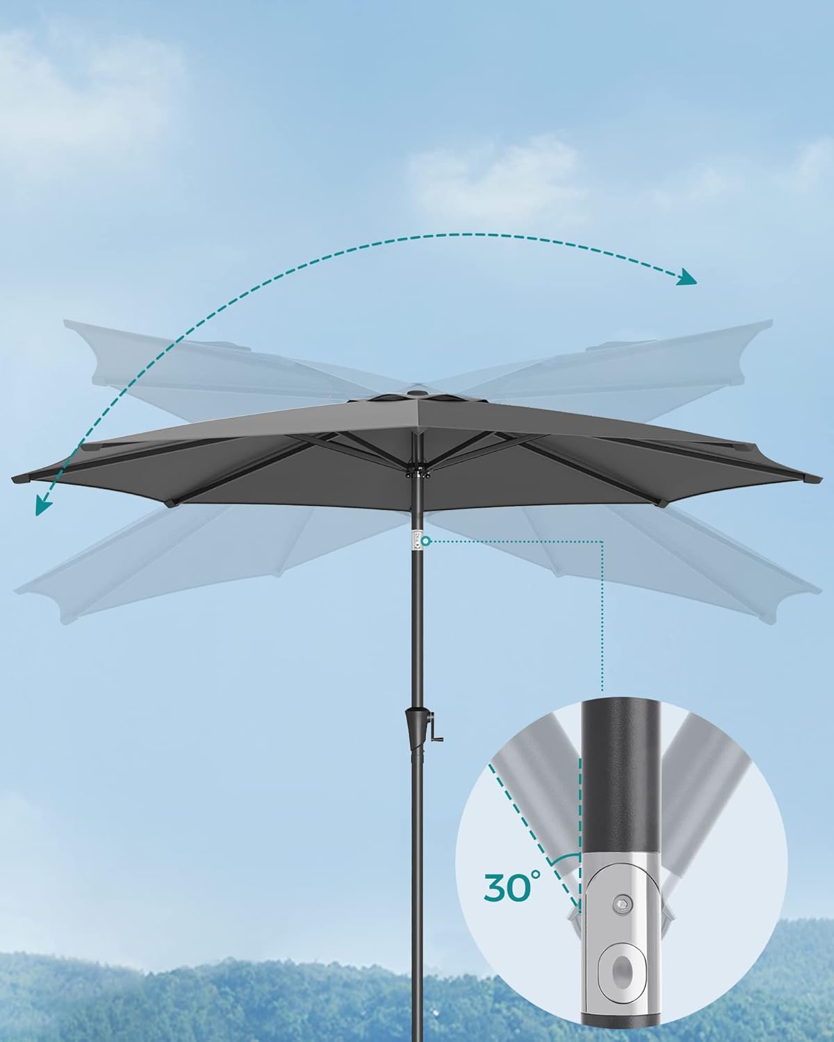 SONGMICS Kerti napernyő tekerőkarral, 330 cm, UPF 50+, 30°-ban dönthető, fém szerkezet 8 bordával, szürke - Image 2