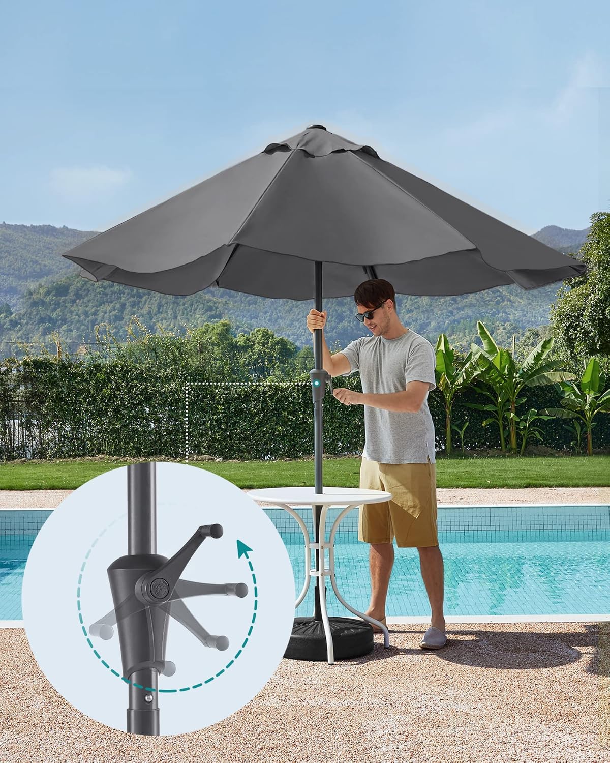 SONGMICS Kerti napernyő tekerőkarral, 330 cm, UPF 50+, 30°-ban dönthető, fém szerkezet 8 bordával, szürke - Image 4