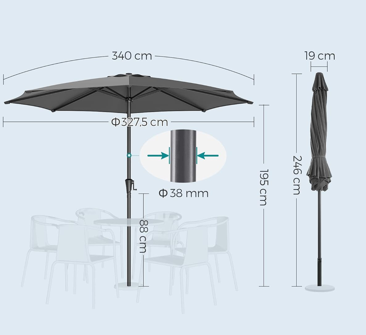SONGMICS Kerti napernyő tekerőkarral, 330 cm, UPF 50+, 30°-ban dönthető, fém szerkezet 8 bordával, szürke - Image 7