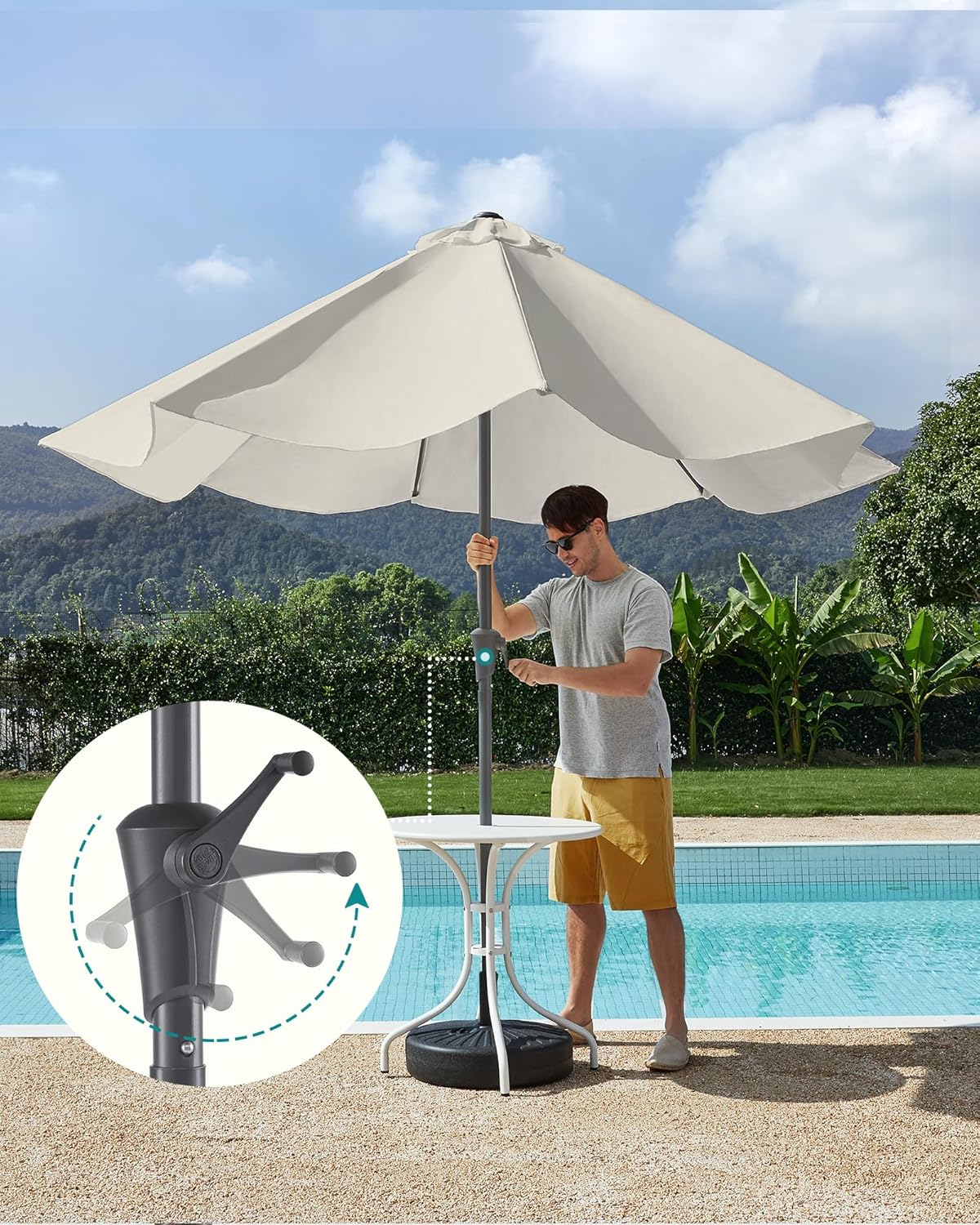 SONGMICS Kerti napernyő tekerőkarral, 330 cm, UPF 50+, 30°-ban dönthető, 8 bordás fém szerkezet, bézs - Image 3