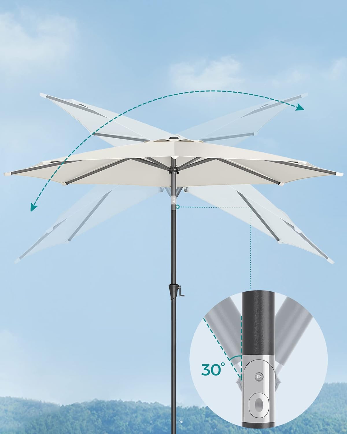 SONGMICS Kerti napernyő tekerőkarral, 330 cm, UPF 50+, 30°-ban dönthető, 8 bordás fém szerkezet, bézs - Image 4