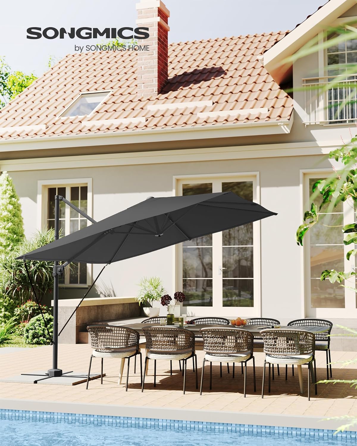 SONGMICS Függő kerti napernyő tekerőkarral, 270 x 270 cm, UPF 50+, 360°-ban forgatható, állítható dőlésszög, szürke - Image 2