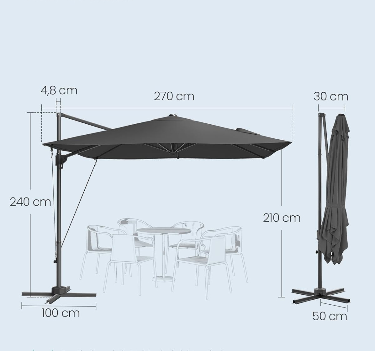 SONGMICS Függő kerti napernyő tekerőkarral, 270 x 270 cm, UPF 50+, 360°-ban forgatható, állítható dőlésszög, szürke - Image 4