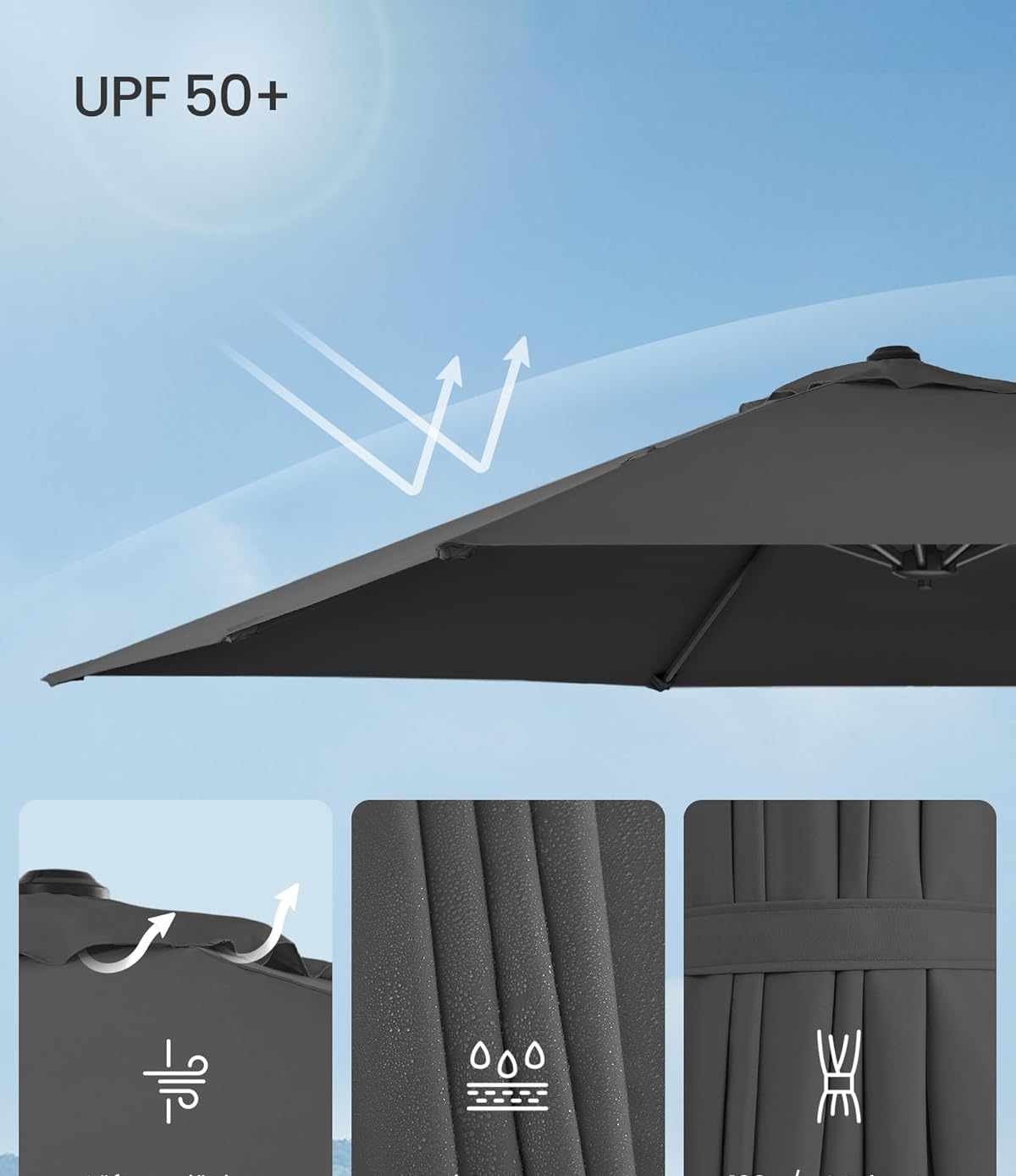 SONGMICS Függő kerti napernyő tekerőkarral, 270 x 270 cm, UPF 50+, 360°-ban forgatható, állítható dőlésszög, szürke - Image 5