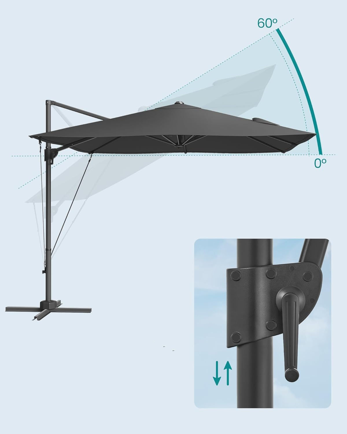 SONGMICS Függő kerti napernyő tekerőkarral, 270 x 270 cm, UPF 50+, 360°-ban forgatható, állítható dőlésszög, szürke - Image 6