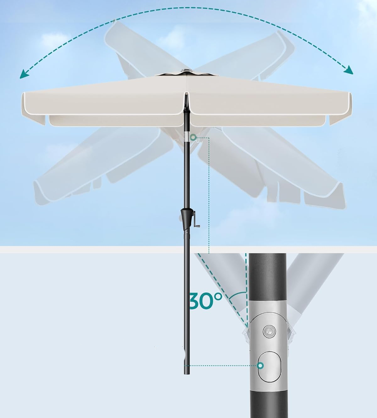 SONGMICS Kerti napernyő tekerőkarral, UPF 50+, 30°-ban dönthető, fém szerkezet, 300 x 200 cm, bézs - Image 4