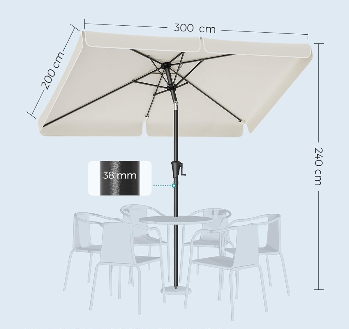 SONGMICS Kerti napernyő tekerőkarral, UPF 50+, 30°-ban dönthető, fém szerkezet, 300 x 200 cm, bézs - Image 6