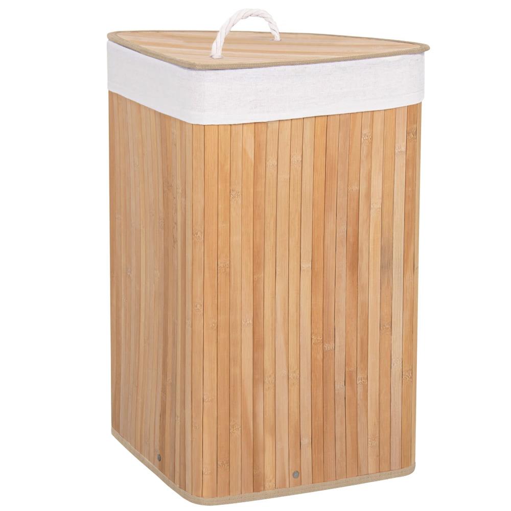 Háromszög alakú sarok szennyestartó kosár fedéllel, bambuszból, kivehető textilzsákkal, 60 l, 55 x 35 x 60 cm, natúr barna - Image 12