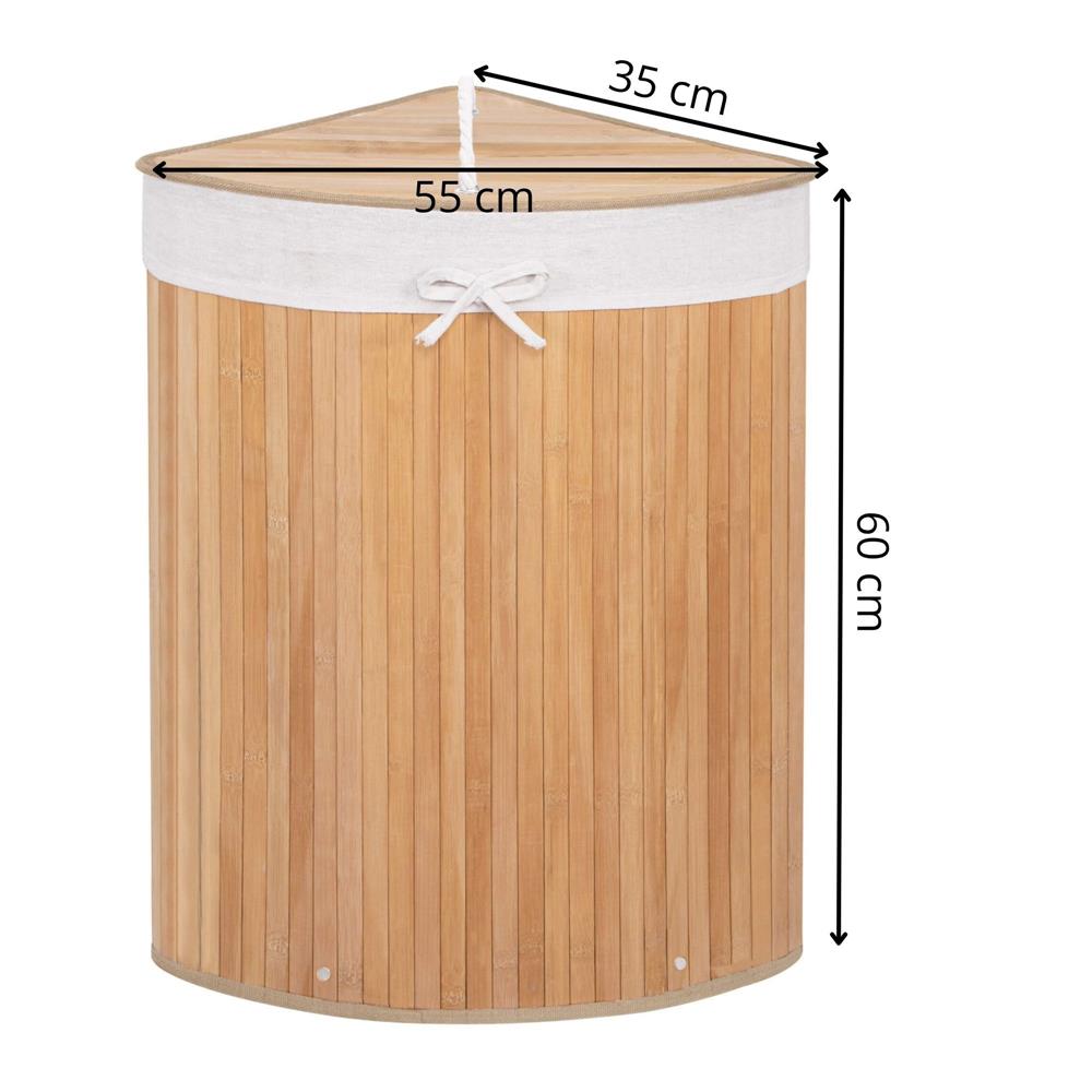 Háromszög alakú sarok szennyestartó kosár fedéllel, bambuszból, kivehető textilzsákkal, 60 l, 55 x 35 x 60 cm, natúr barna - Image 13