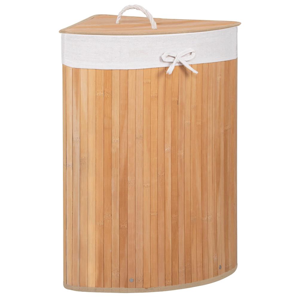 Háromszög alakú sarok szennyestartó kosár fedéllel, bambuszból, kivehető textilzsákkal, 60 l, 55 x 35 x 60 cm, natúr barna - Image 6