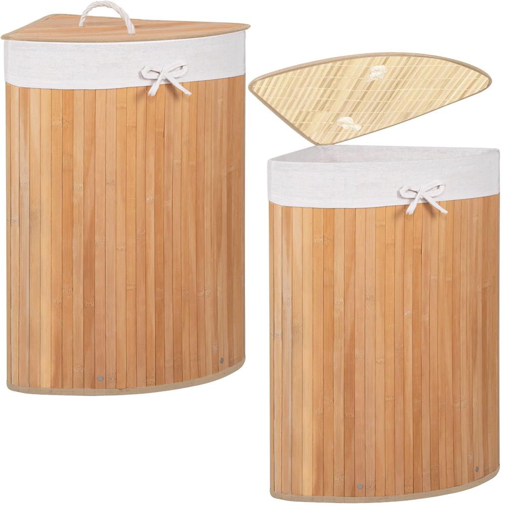 Háromszög alakú sarok szennyestartó kosár fedéllel, bambuszból, kivehető textilzsákkal, 60 l, 55 x 35 x 60 cm, natúr barna - Image 9