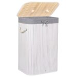 Cos de rufe cu capac, din bambus cu sac textil detasabil, 72 litri, 40x28x60 cm, alb si gri