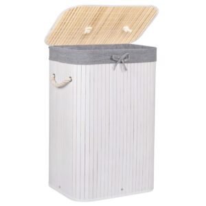 Cos de rufe cu capac, din bambus cu sac textil detasabil, 72 litri, 40x28x60 cm, alb si gri