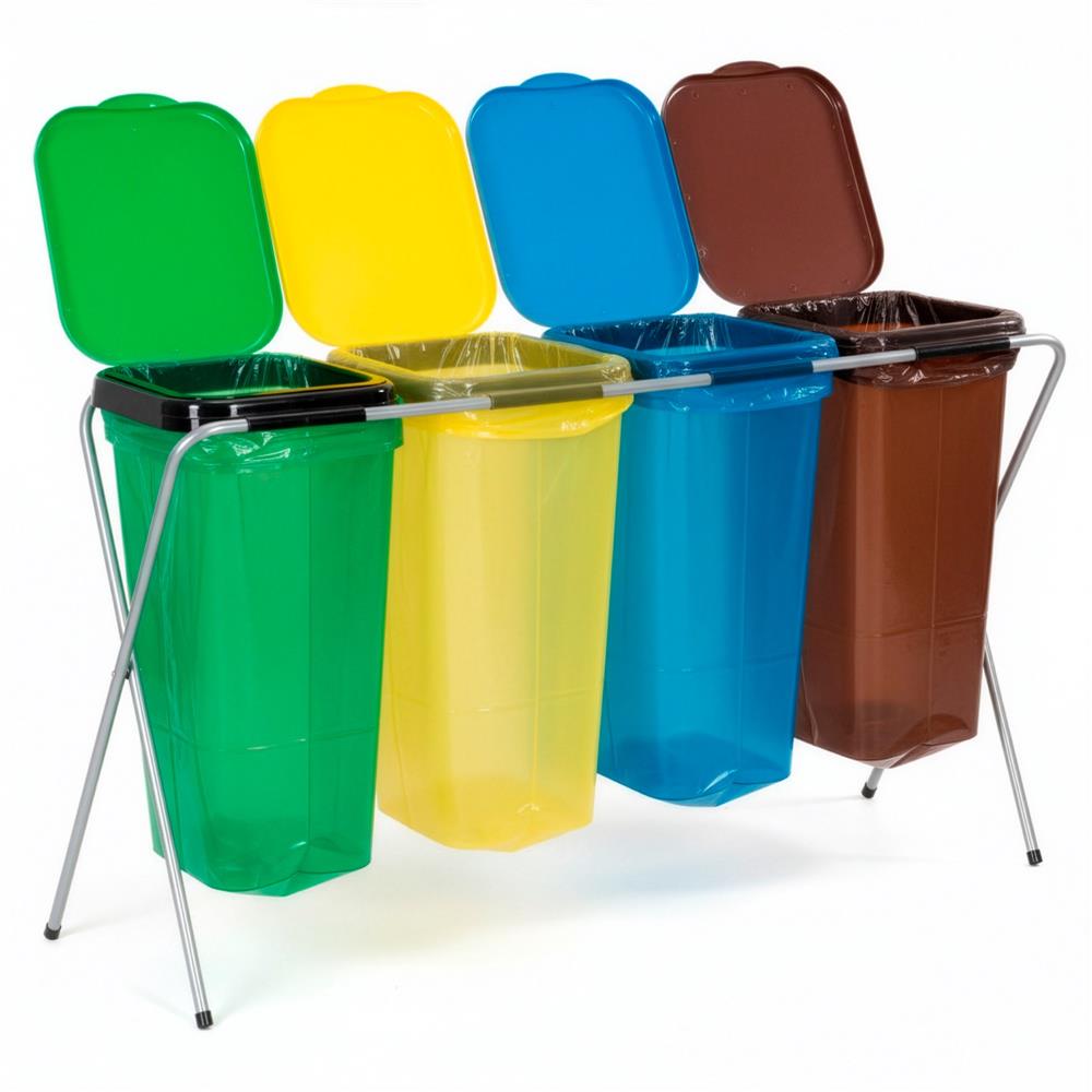 Szelektív hulladékgyűjtő 4 rekesszel, fém kerettel és PP fedéllel, 128x42x74 cm - Image 19