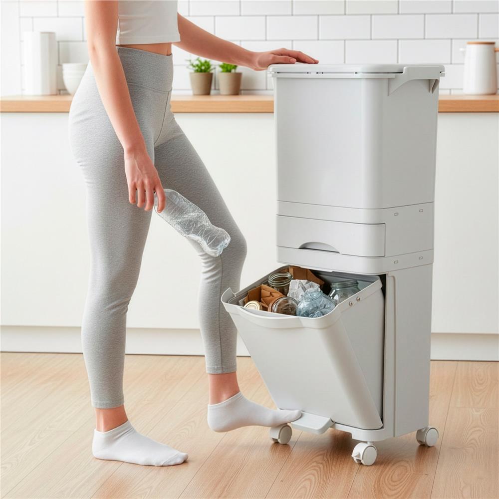Szelektív hulladékgyűjtő 3 rekesszel, kerekeken, 42 l, fehér - Image 23