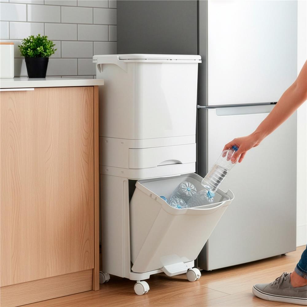 Szelektív hulladékgyűjtő 3 rekesszel, kerekeken, 42 l, fehér - Image 8