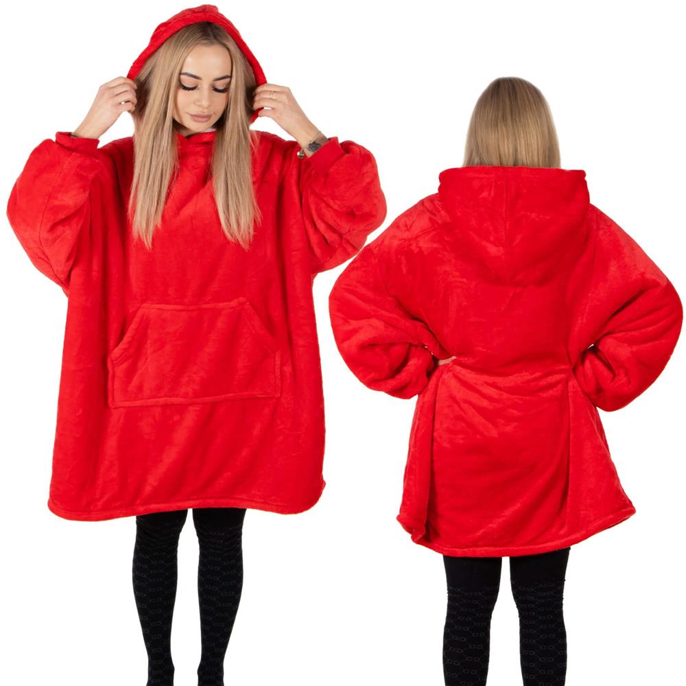Piros, puha fleece anyagból készült, kapucnis és nagy zsebbel ellátott, oversize takaró-hanorak. - Image 2
