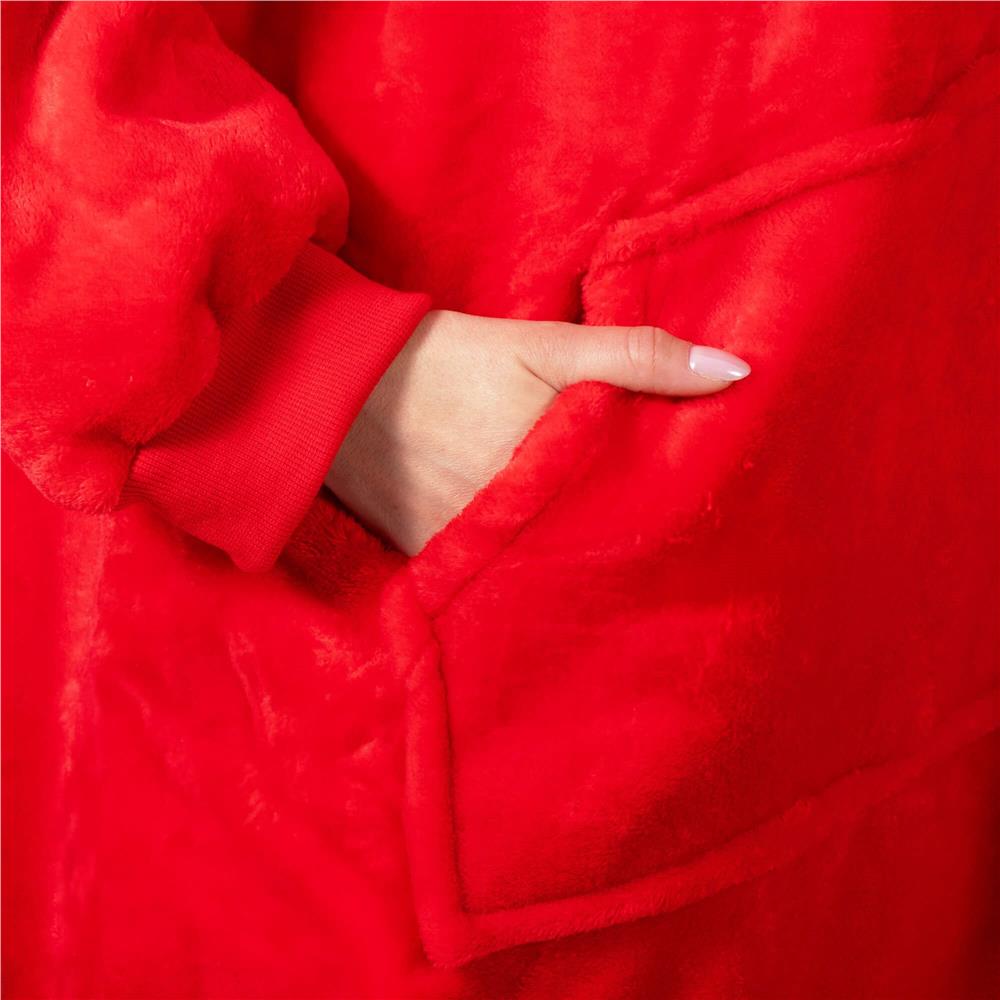 Piros, puha fleece anyagból készült, kapucnis és nagy zsebbel ellátott, oversize takaró-hanorak. - Image 11