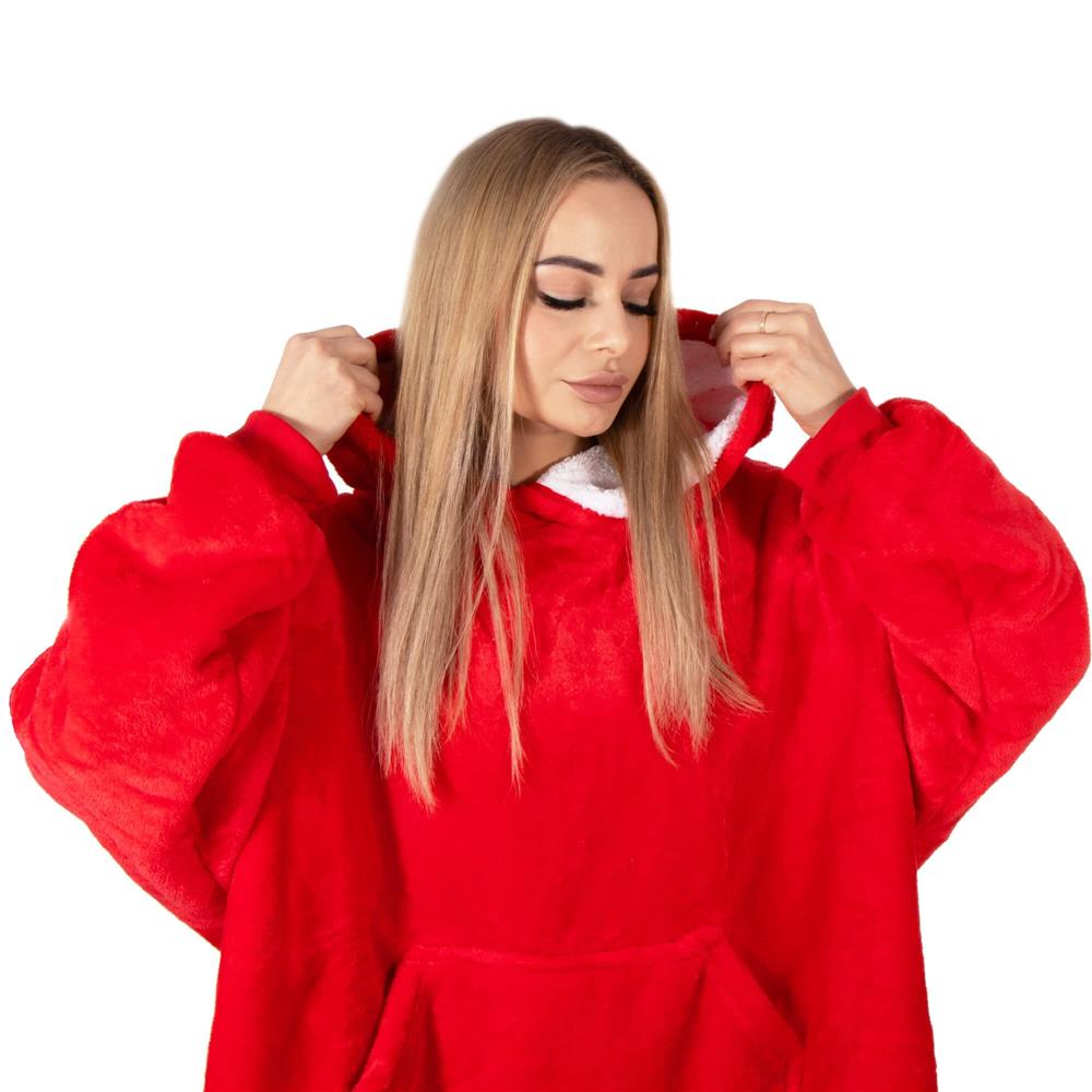 Piros, puha fleece anyagból készült, kapucnis és nagy zsebbel ellátott, oversize takaró-hanorak. - Image 14
