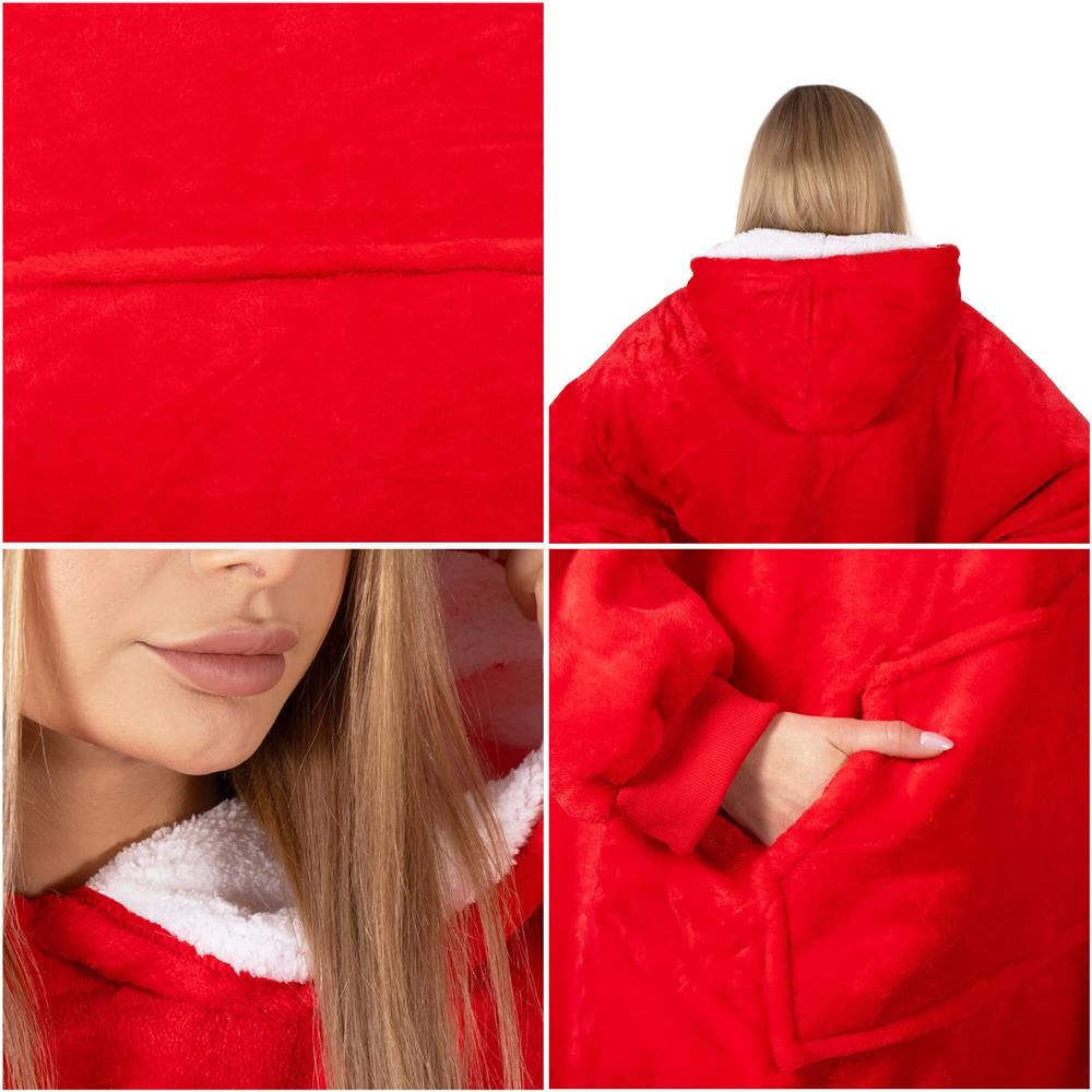 Piros, puha fleece anyagból készült, kapucnis és nagy zsebbel ellátott, oversize takaró-hanorak. - Image 15