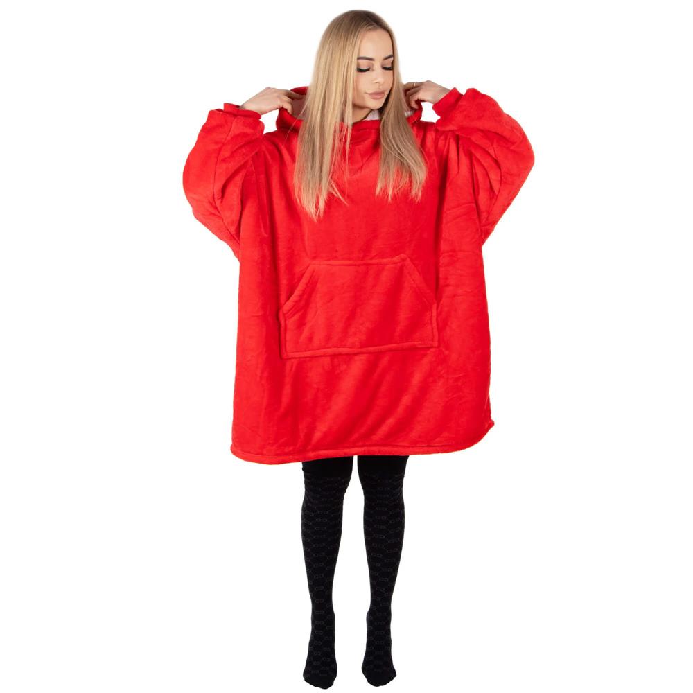 Piros, puha fleece anyagból készült, kapucnis és nagy zsebbel ellátott, oversize takaró-hanorak. - Image 16