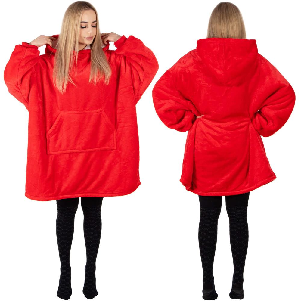 Piros, puha fleece anyagból készült, kapucnis és nagy zsebbel ellátott, oversize takaró-hanorak. - Image 19