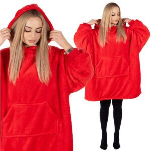 Piros, puha fleece anyagból készült, kapucnis és nagy zsebbel ellátott, oversize takaró-hanorak.