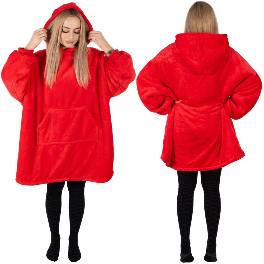 Piros, puha fleece anyagból készült, kapucnis és nagy zsebbel ellátott, oversize takaró-hanorak. - Image 3