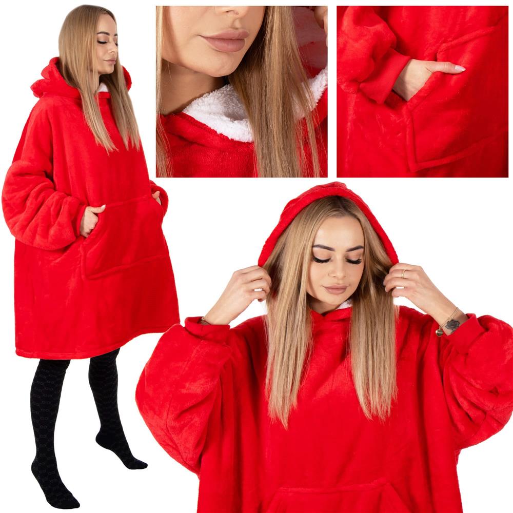 Piros, puha fleece anyagból készült, kapucnis és nagy zsebbel ellátott, oversize takaró-hanorak. - Image 4